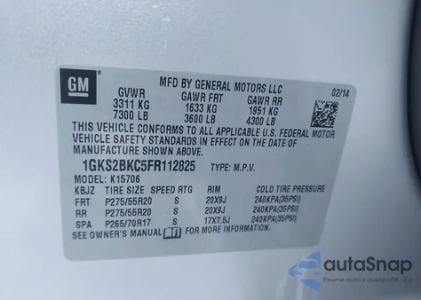 2015 GMC Yukon Slt из США, поврежденный, VIN 1GKS2BKC5FR112825